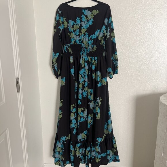 eShakti Sz L Custom Blue Green Floral Black Maxi Wrap Dress Bloomcore Boho - Picture 3 of 16